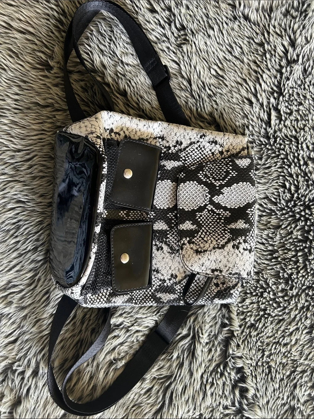 Small faux, snake skin and patent leather backpack